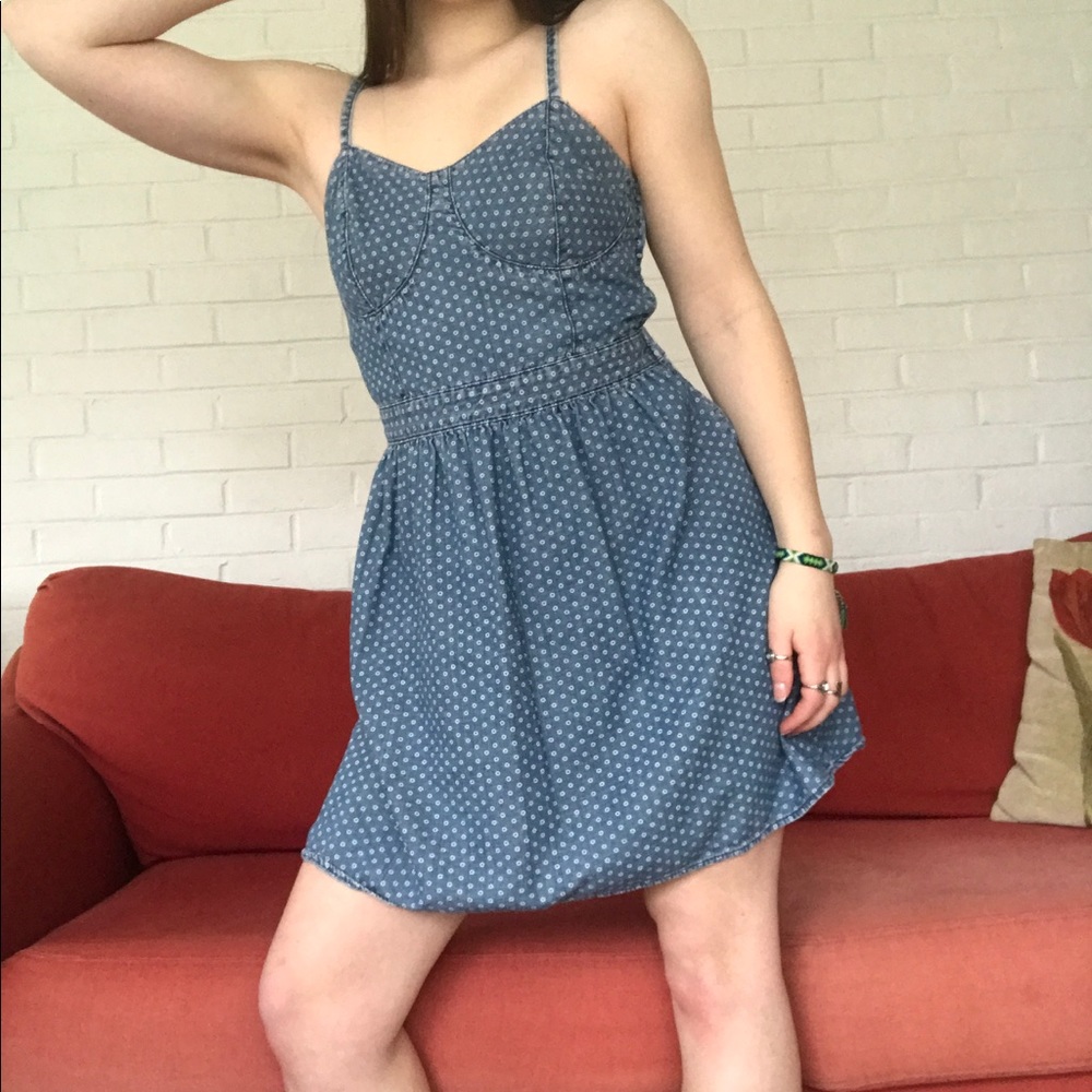 Denim patterned dress with spaghetti straps